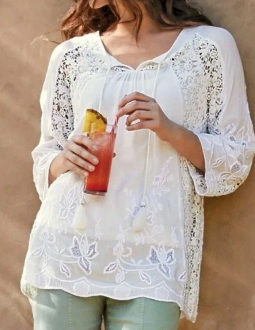 Soft Surroundings Renoir Top White Crochet Lace Layered Blouse XS Boho